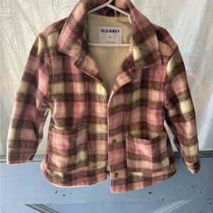 Old Navy girls Pink and Brown Plaid Teddy Jacket
